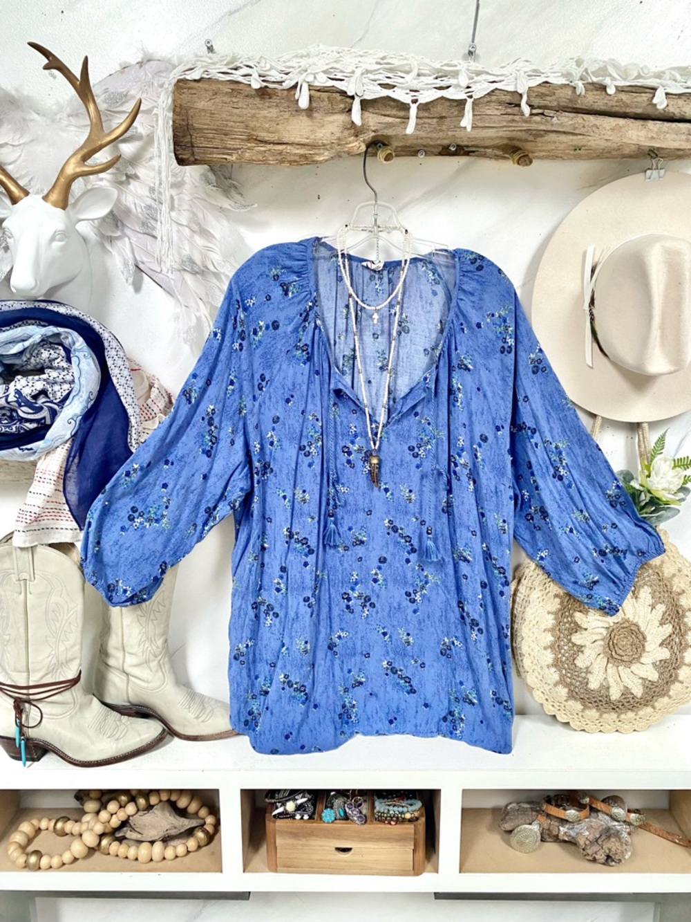 Peasant prairie vibe boho floral blouse w tassels exaggerated sleeves
